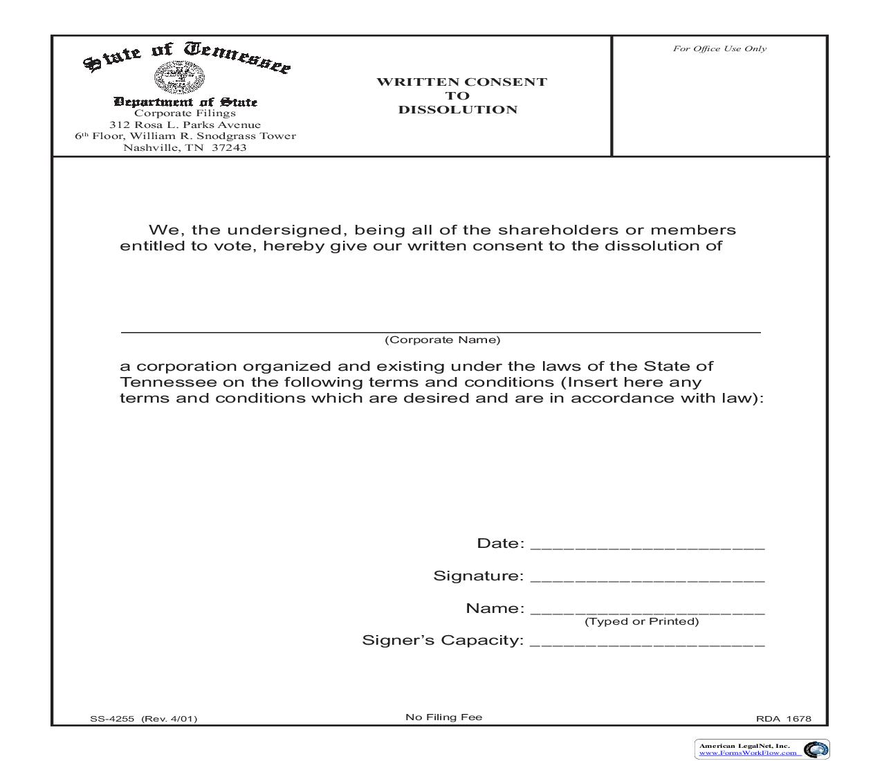 Written Consent To Dissolution {SS-4255} | Pdf Fpdf Doc Docx | Tennessee