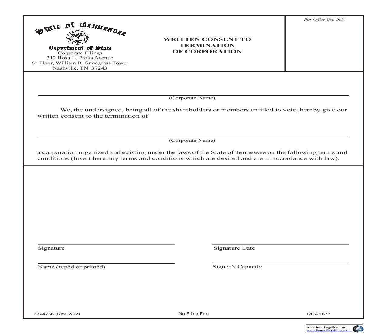 Written Consent To Termination Of Corporation {SS-4256} | Pdf Fpdf Doc Docx | Tennessee