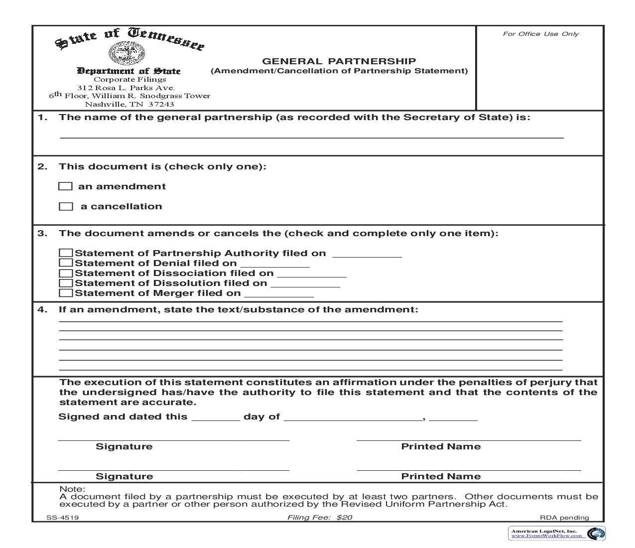 Amendment Or Cancellation Of Partnership Statement {SS-4519} | Pdf Fpdf Doc Docx | Tennessee