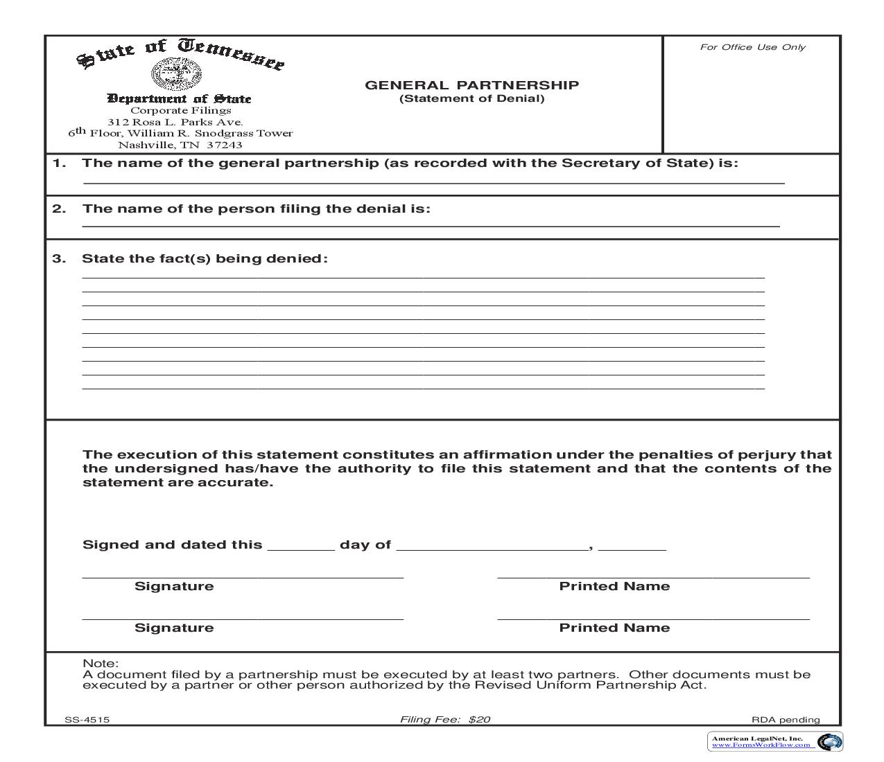 Statement Of Denial {SS-4515} | Pdf Fpdf Doc Docx | Tennessee