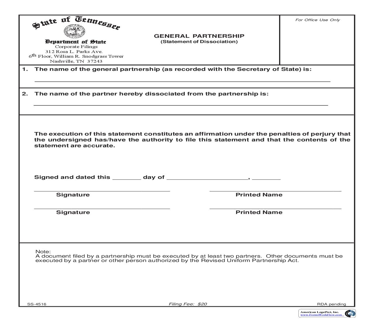 Statement Of Dissociation {SS-4516} | Pdf Fpdf Doc Docx | Tennessee