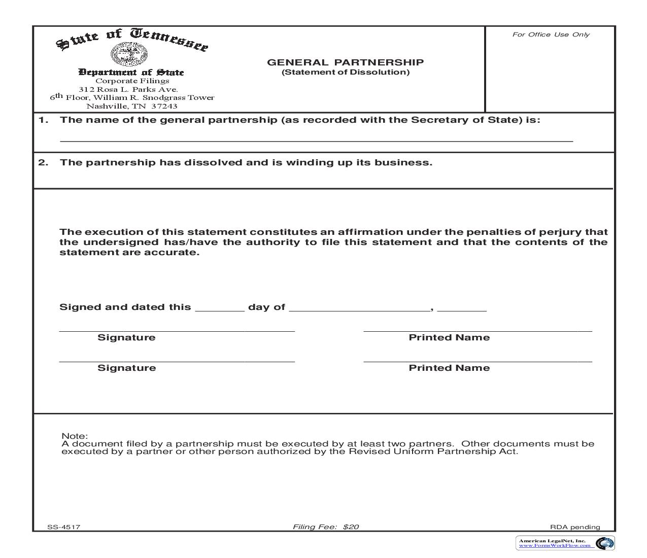 Statement Of Dissolution {SS-4517} | Pdf Fpdf Doc Docx | Tennessee