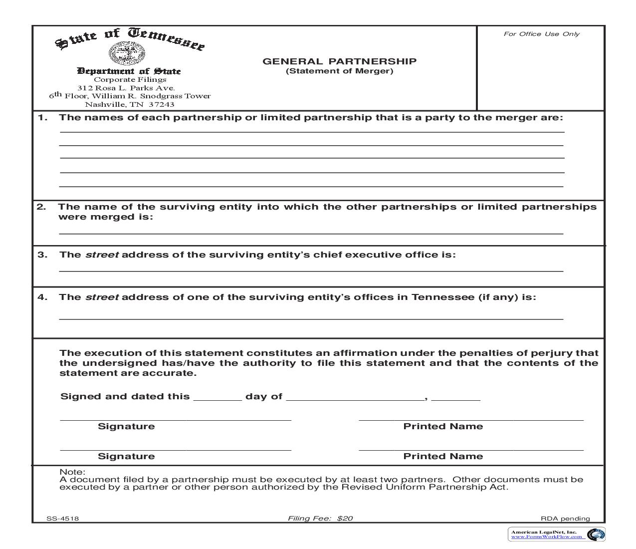 Statement Of Merger {SS-4518} | Pdf Fpdf Doc Docx | Tennessee