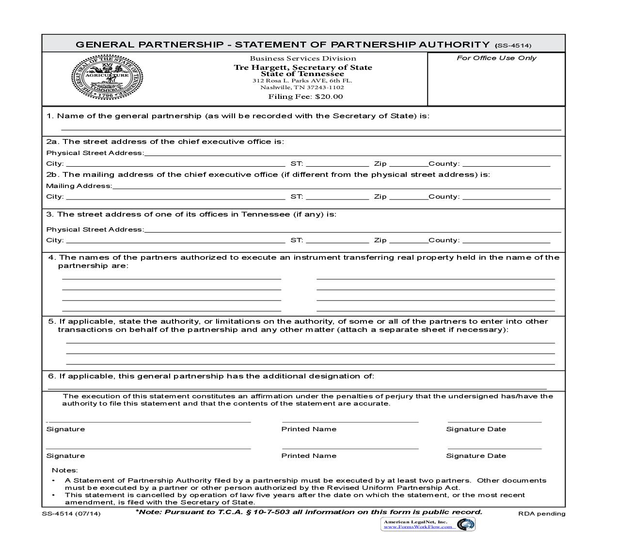 Statement Of Partnership Authority {SS-4514} | Pdf Fpdf Doc Docx | Tennessee