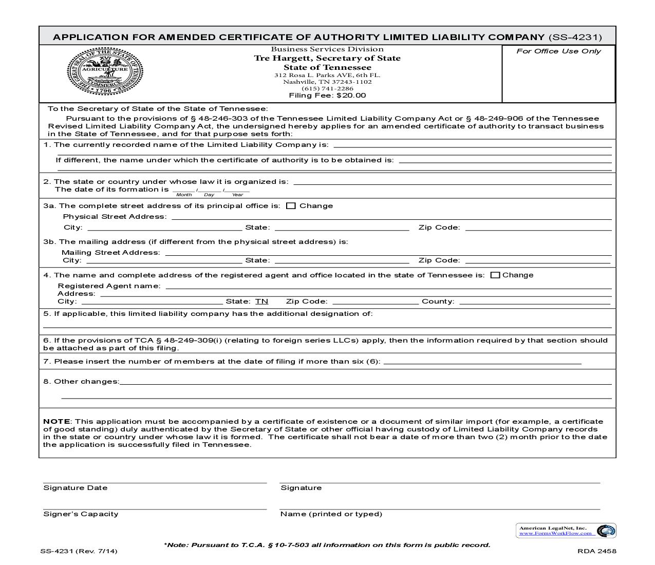 Application For Amended Certificate Of Authority {SS-4231} | Pdf Fpdf Doc Docx | Tennessee