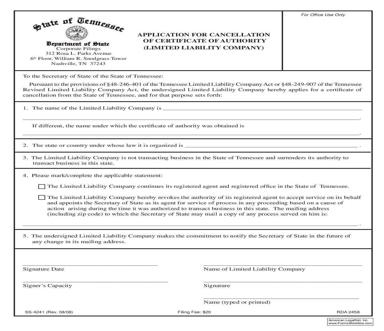 Application For Cancellation Of Certificate Of Authority {SS-4241} | Pdf Fpdf Doc Docx | Tennessee