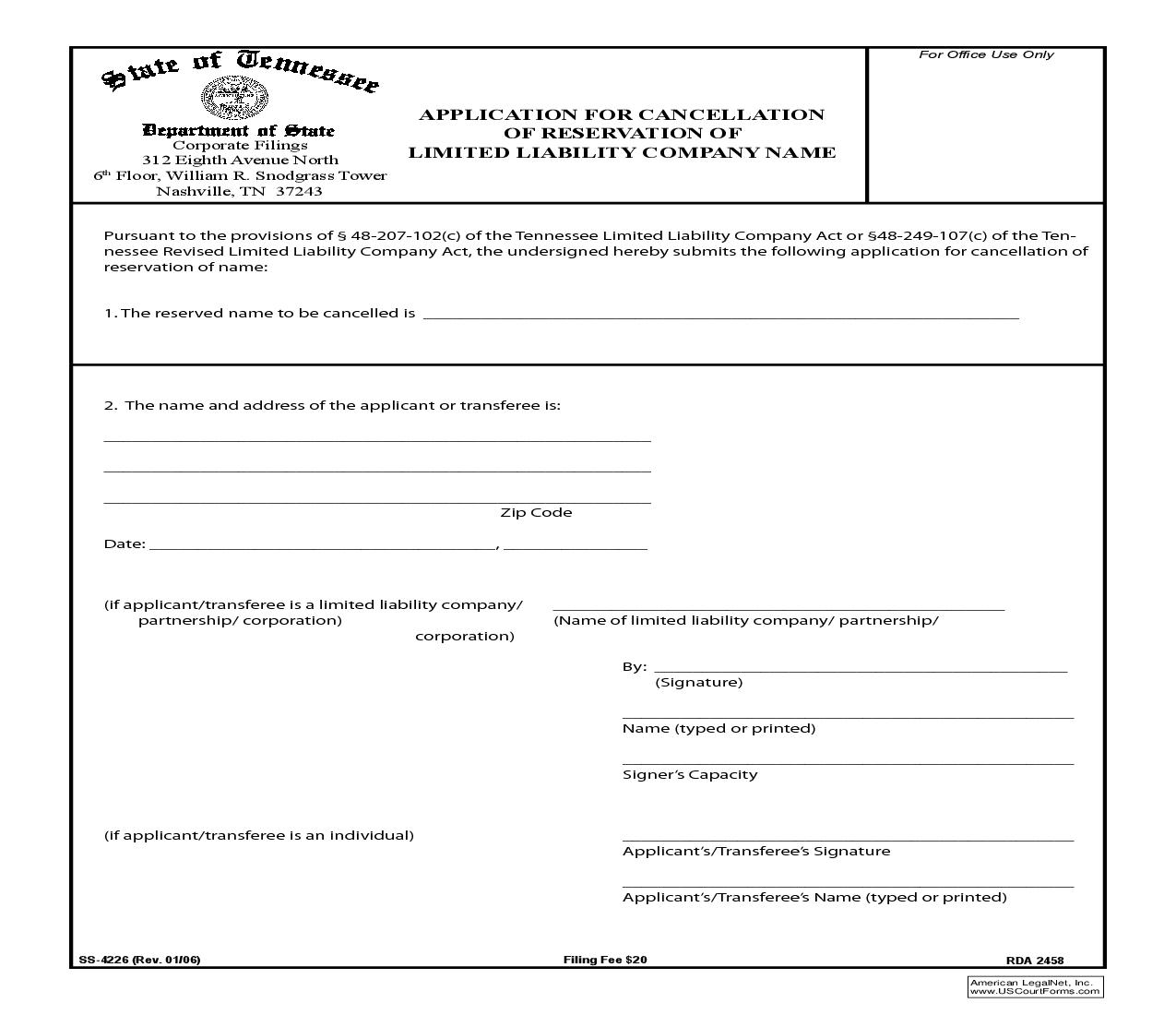Application For Cancellation Of Reservation Of LLC Name {SS-4226} | Pdf Fpdf Doc Docx | Tennessee
