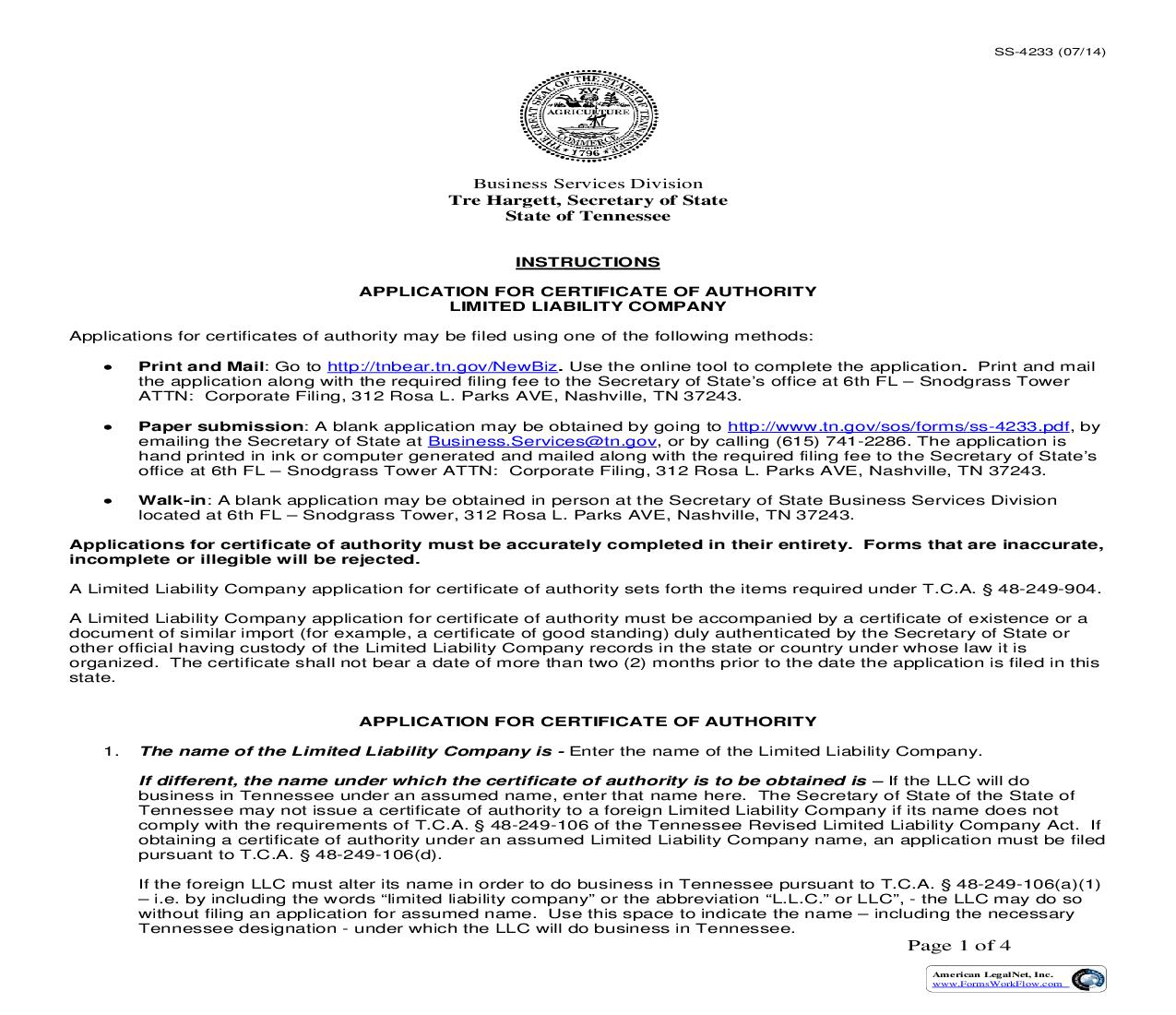 Application For Certificate Of Authority {SS-4233} | Pdf Fpdf Doc Docx | Tennessee