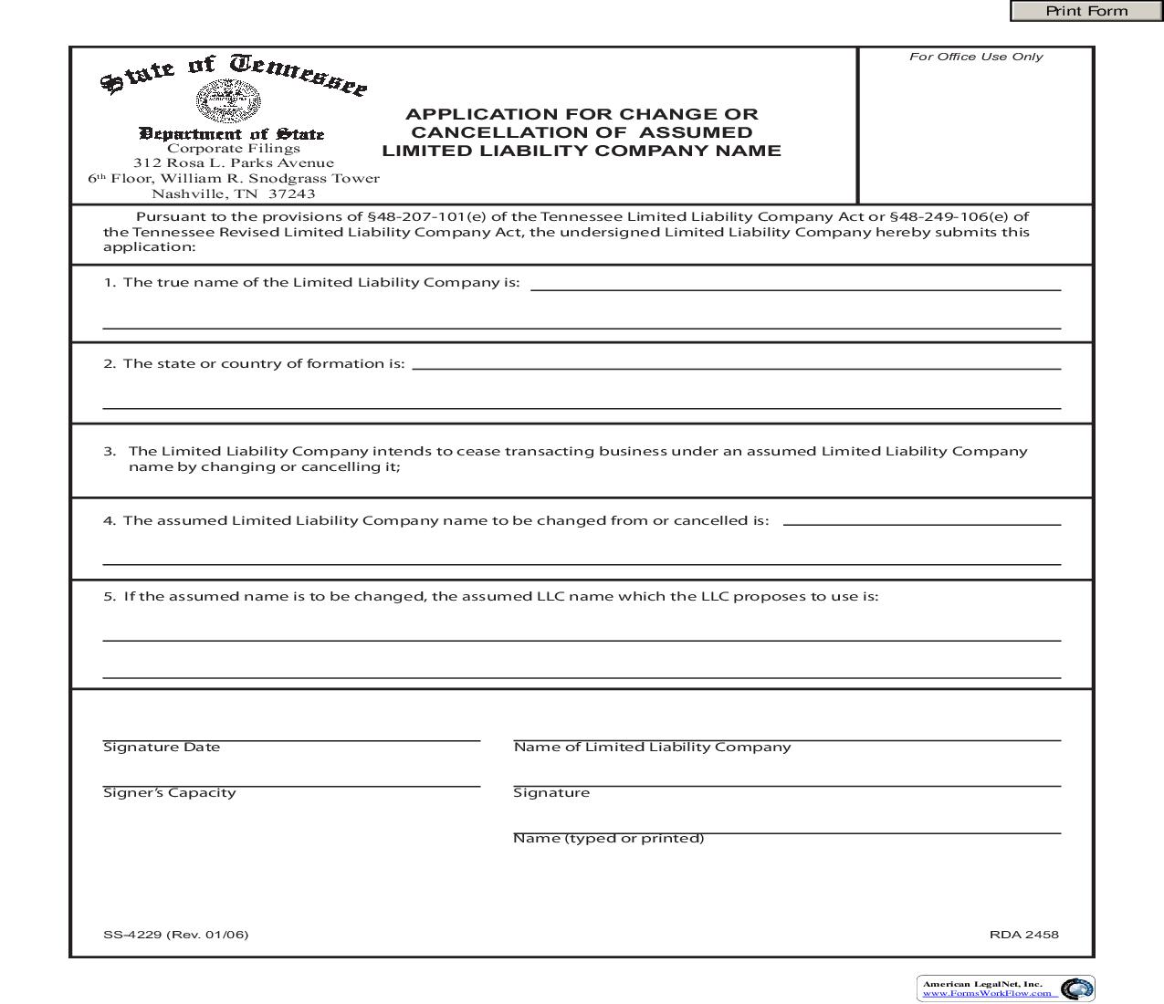 Application For Change Or Cancellation Of Assumed LLC Name {SS-4229} | Pdf Fpdf Doc Docx | Tennessee