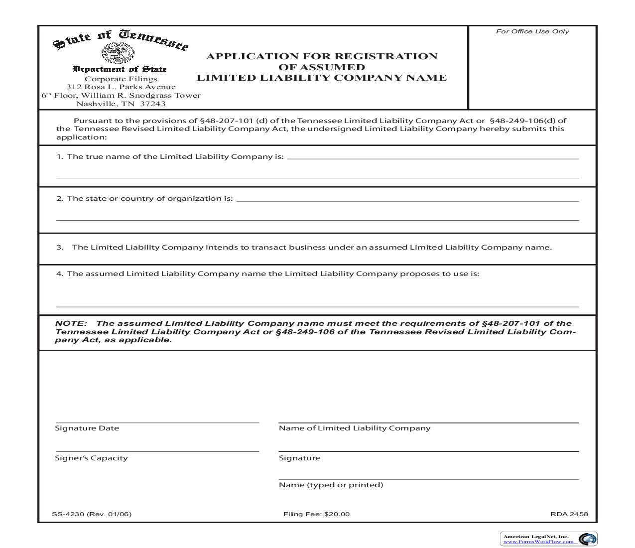 Application For Registration Of Assumed LLC Name {SS-4230} | Pdf Fpdf Doc Docx | Tennessee