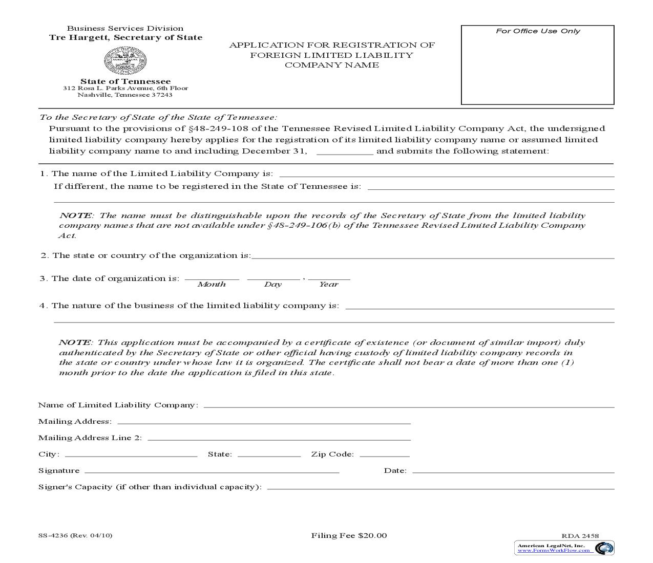 Application For Registration Of Foreign LLC Name {SS-4236} | Pdf Fpdf Doc Docx | Tennessee
