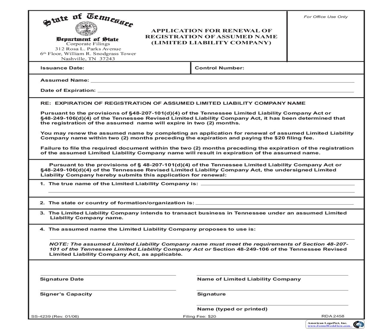 Application For Renewal Of Registration Of Assumed Name LLC {SS-4239} | Pdf Fpdf Doc Docx | Tennessee