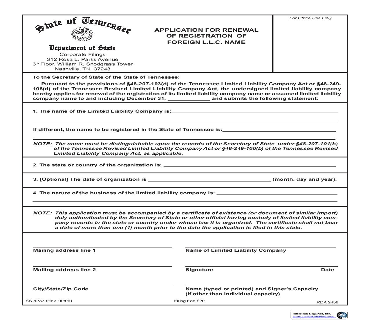 Application For Renewal Of Registration Of Foreign LLC Name {SS-4237} | Pdf Fpdf Doc Docx | Tennessee