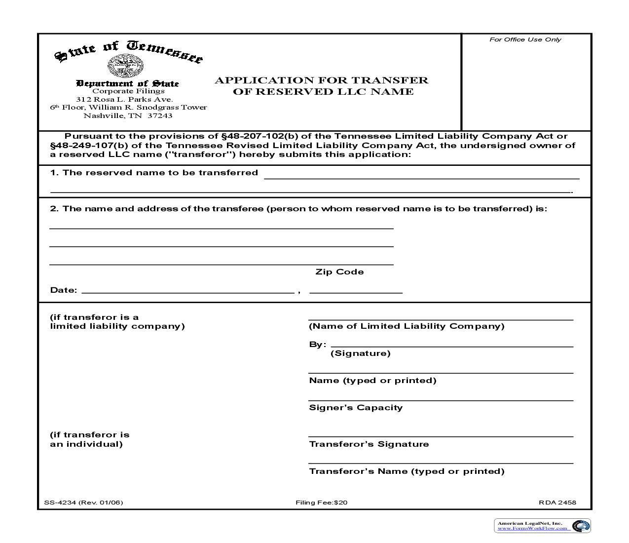 Application For Transfer Of Reserved LLC Name {SS-4234} | Pdf Fpdf Doc Docx | Tennessee