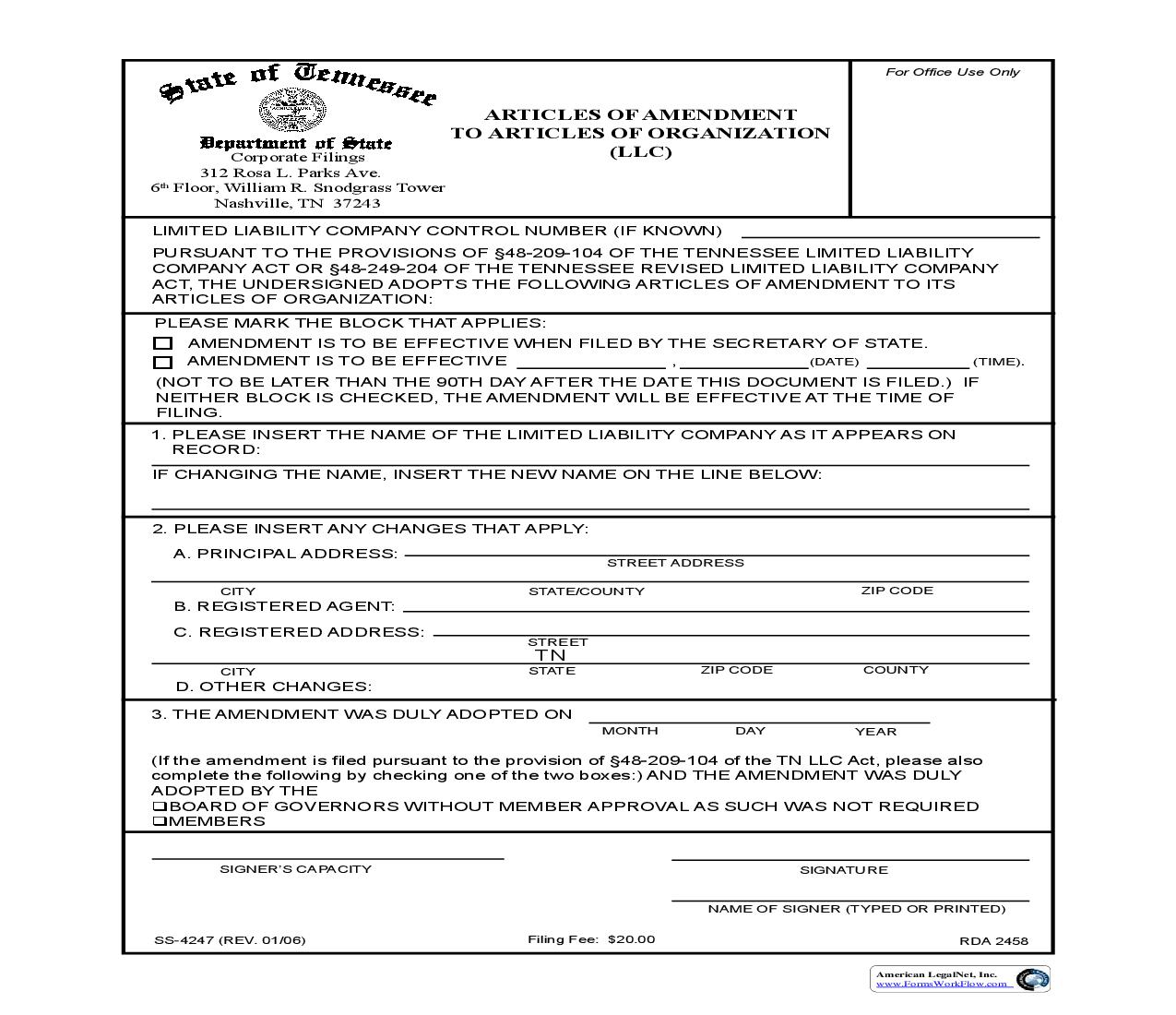 Articles Of Amendment To Articles Of Organization LLC {SS-4247} | Pdf Fpdf Doc Docx | Tennessee