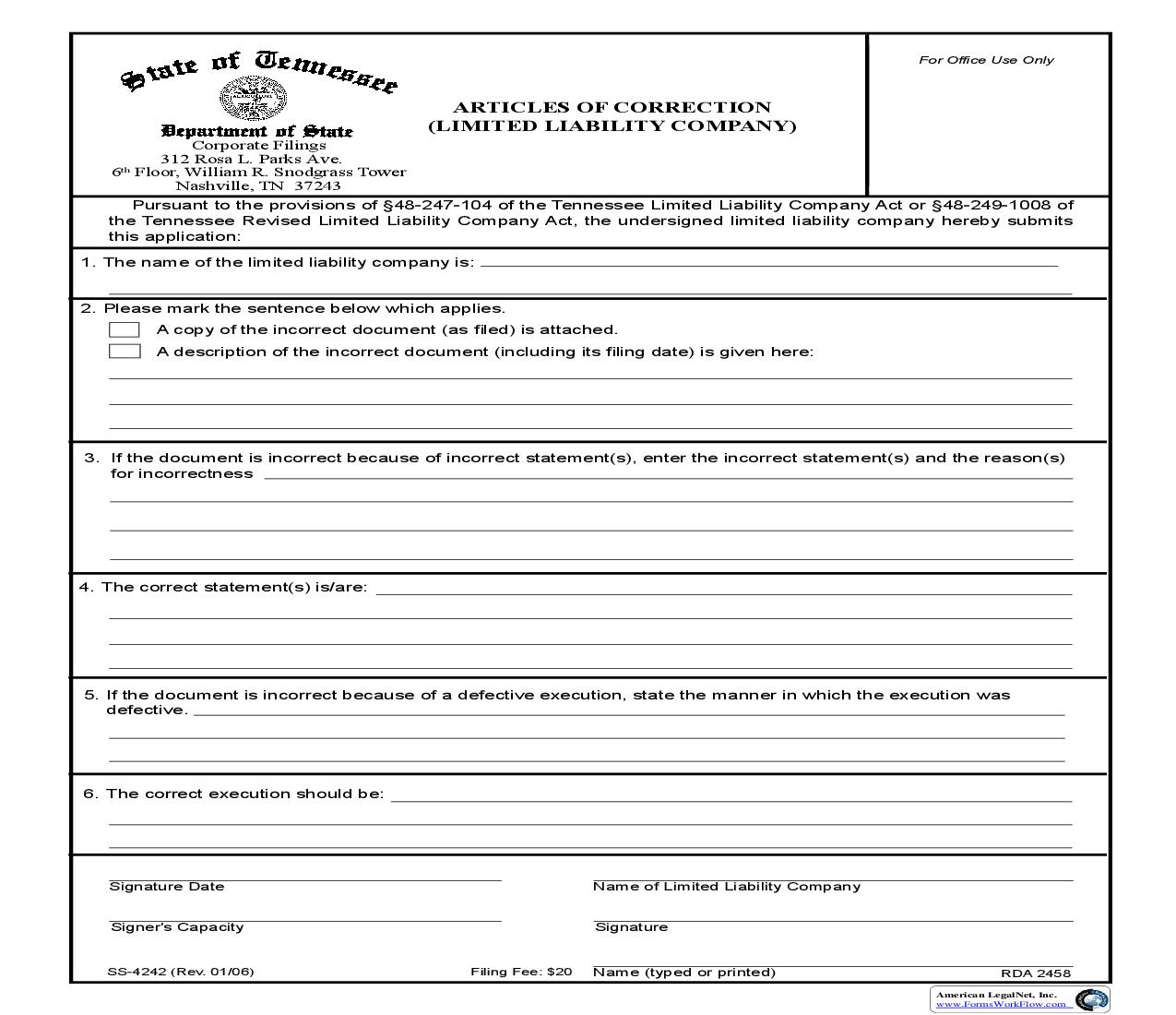 Articles Of Correction {SS-4242} | Pdf Fpdf Doc Docx | Tennessee
