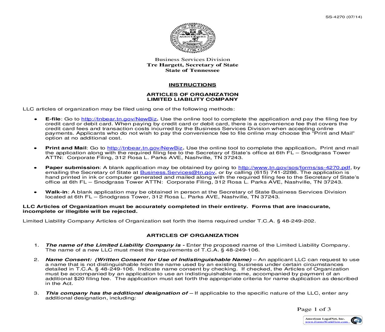 Articles Of Organization LLC (For Use On Or After January 1, 2006) {SS-4270} | Pdf Fpdf Doc Docx | Tennessee