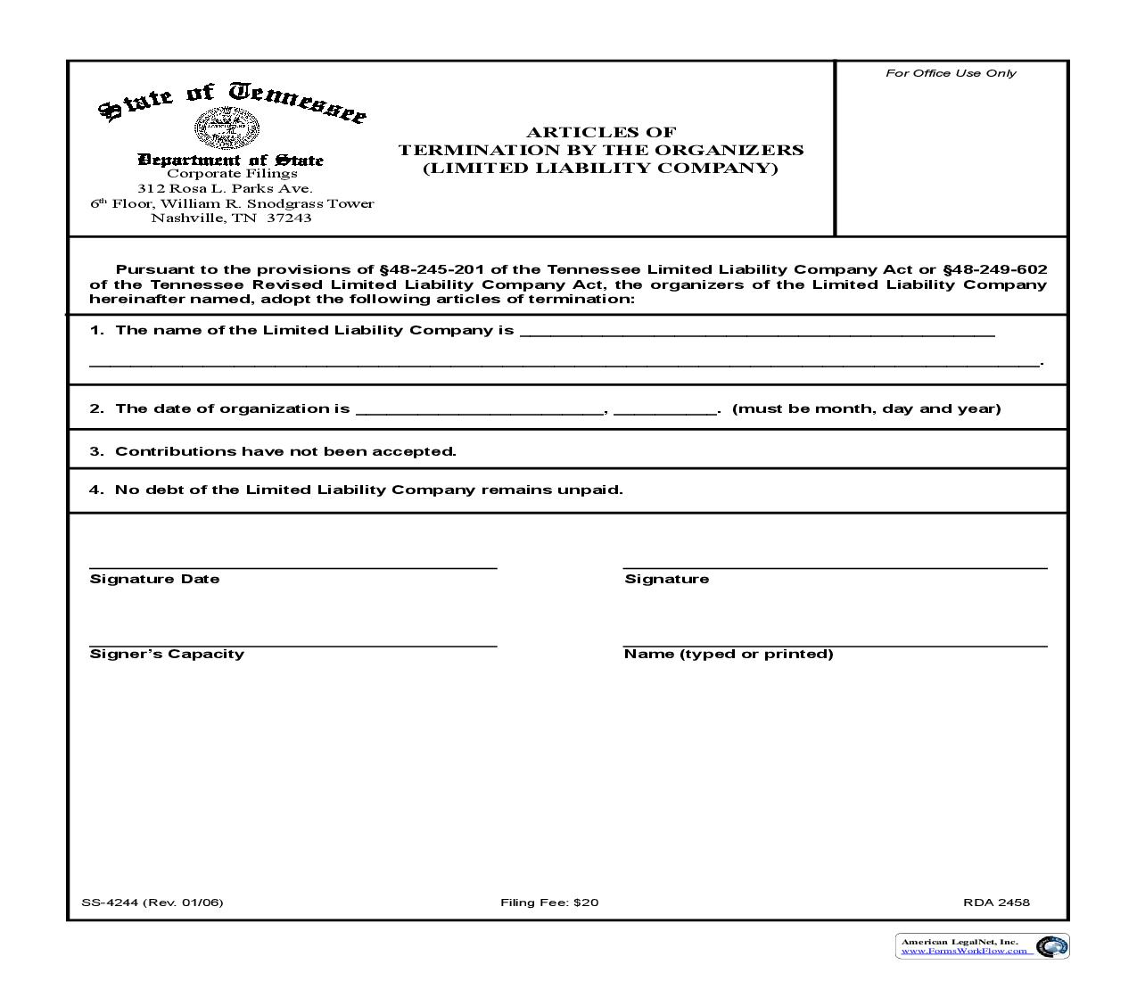 Articles Of Termination By Organizers {SS-4244} | Pdf Fpdf Doc Docx | Tennessee