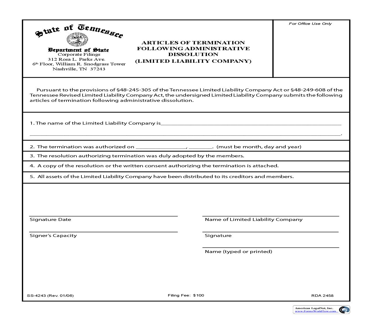 Articles Of Termination Following Administrative Dissolution {SS-4243} | Pdf Fpdf Doc Docx | Tennessee