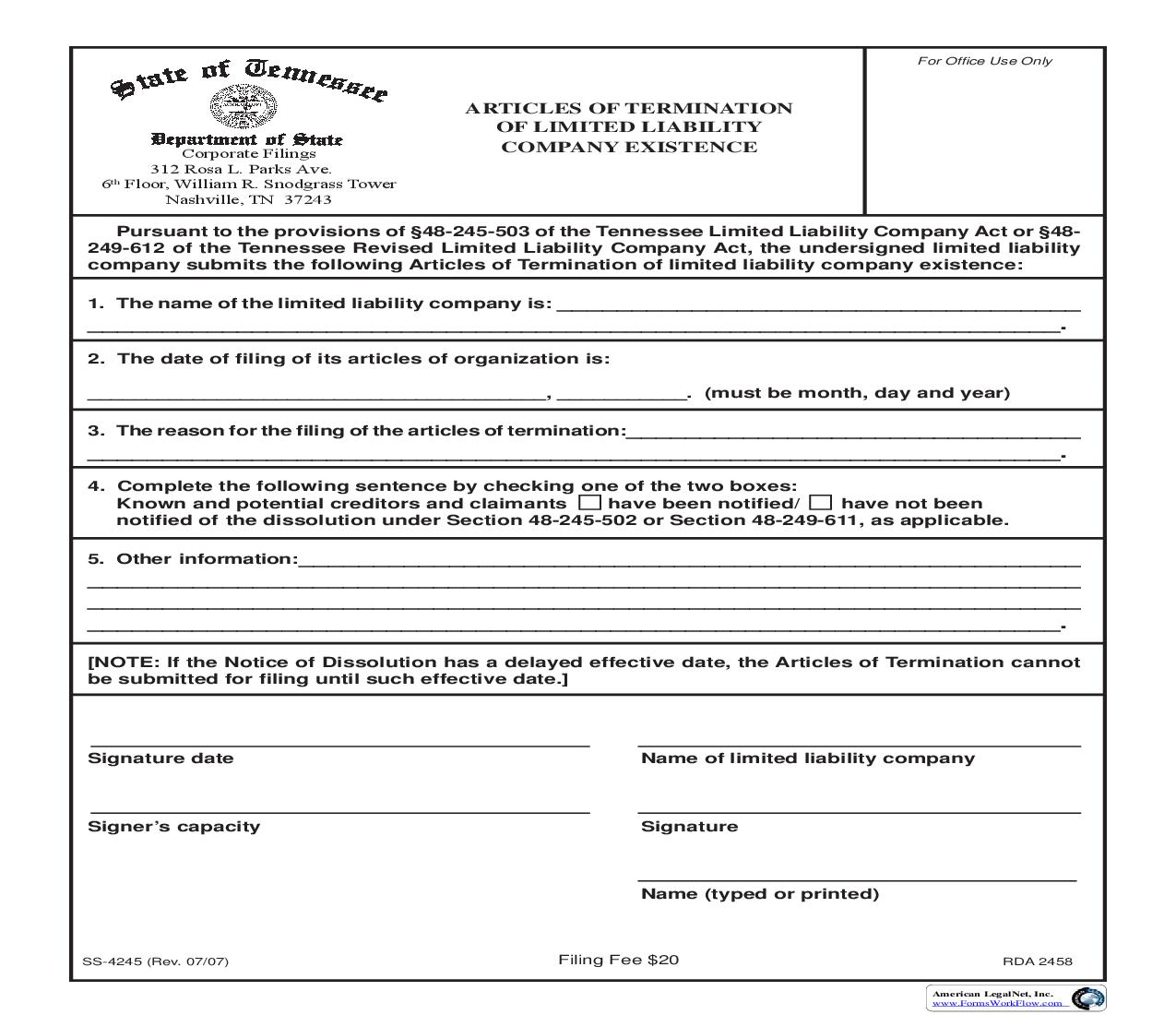 Articles Of Termination Of LLC Existence {SS-4245} | Pdf Fpdf Doc Docx | Tennessee
