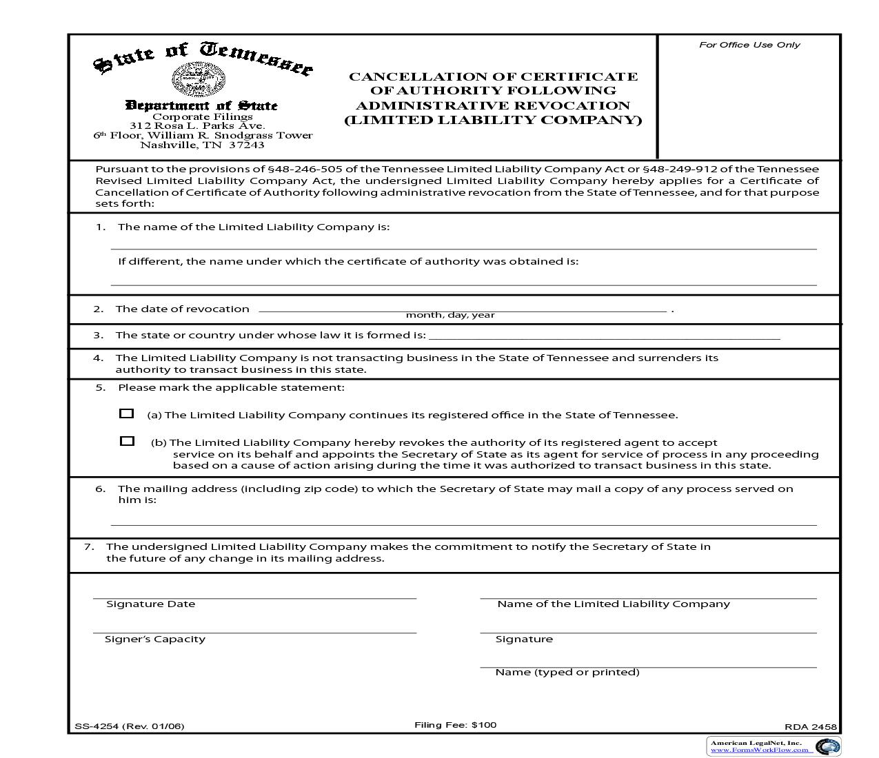 Cancellation Of Certificate Of Authority Following Administrative Revocation {SS-4254} | Pdf Fpdf Doc Docx | Tennessee