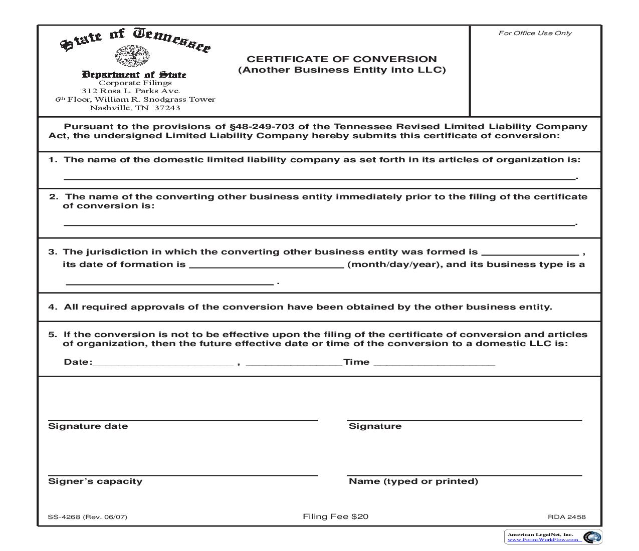 Certificate Of Conversion (Another Business Entity Into LLC) {SS-4268} | Pdf Fpdf Doc Docx | Tennessee