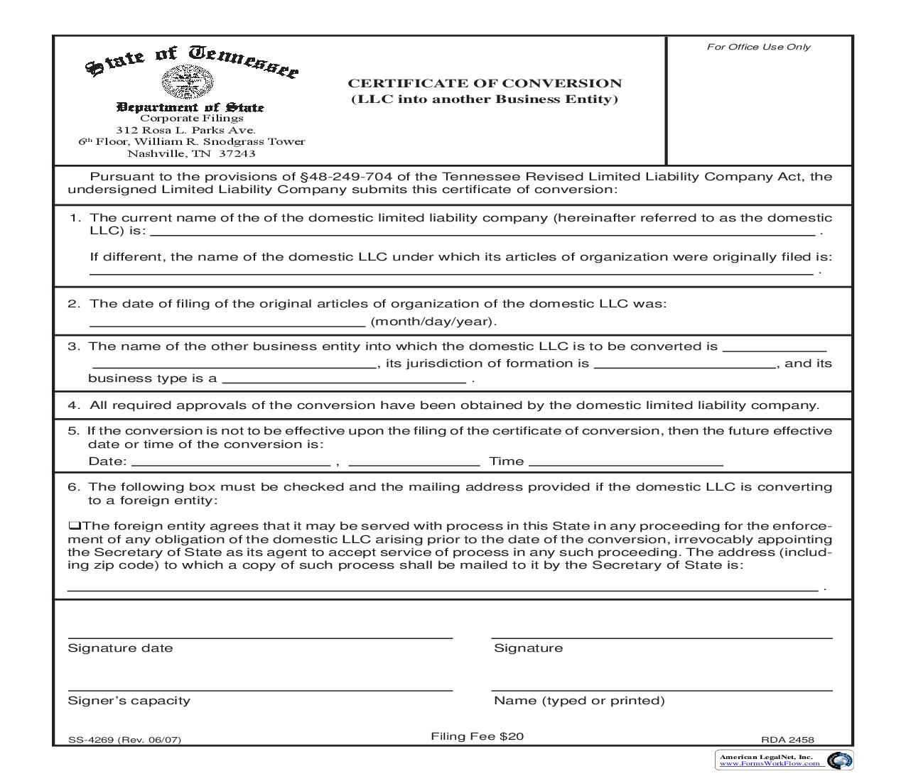 Certificate Of Conversion (LLC Into Another Business Entity) {SS-4269} | Pdf Fpdf Doc Docx | Tennessee