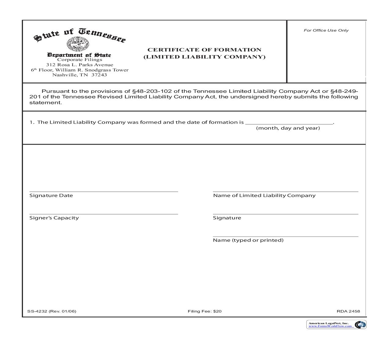 Certificate Of Formation {SS-4232} | Pdf Fpdf Doc Docx | Tennessee