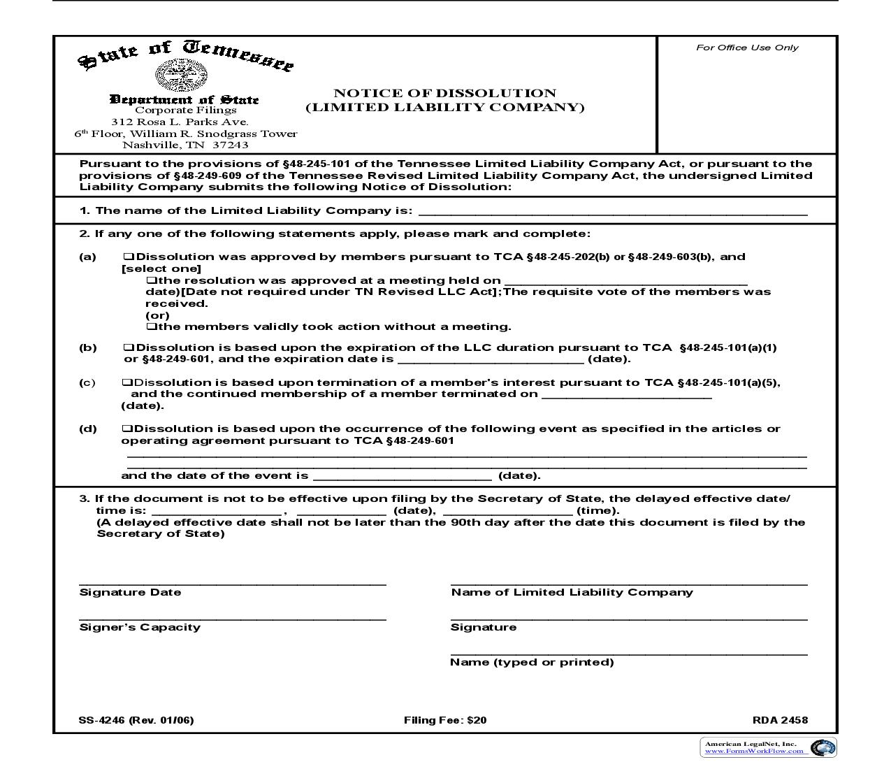 Notice Of Dissolution {SS-4246} | Pdf Fpdf Doc Docx | Tennessee