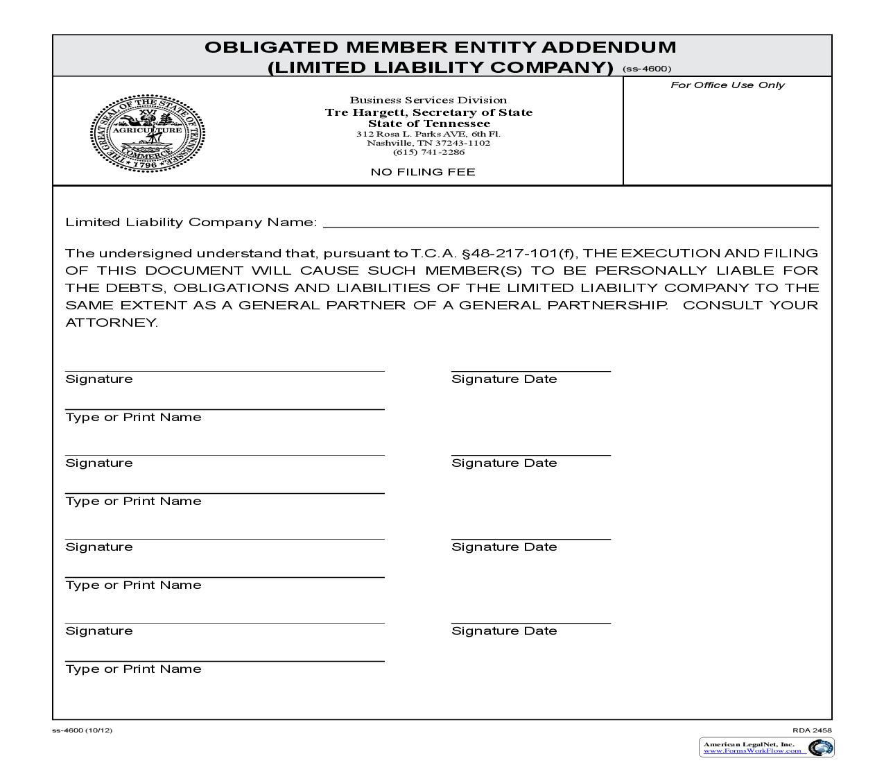 Obligated Member Entity Addendum (LLC) {SS-4600} | Pdf Fpdf Doc Docx | Tennessee
