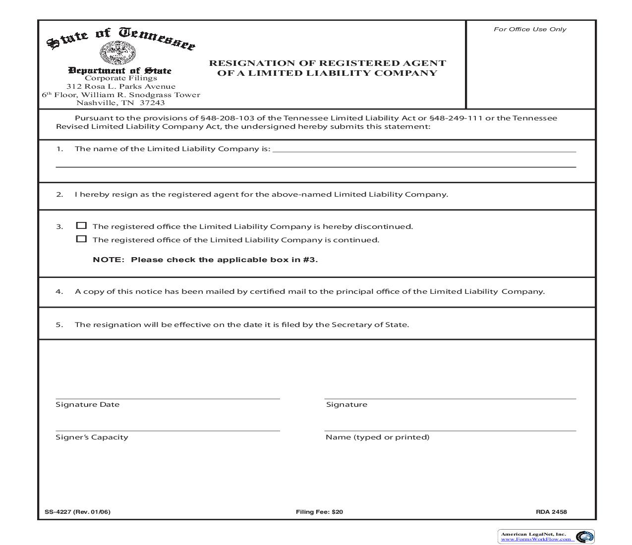 Resignation Of Registered Agent Of LLC {SS-4227} | Pdf Fpdf Doc Docx | Tennessee