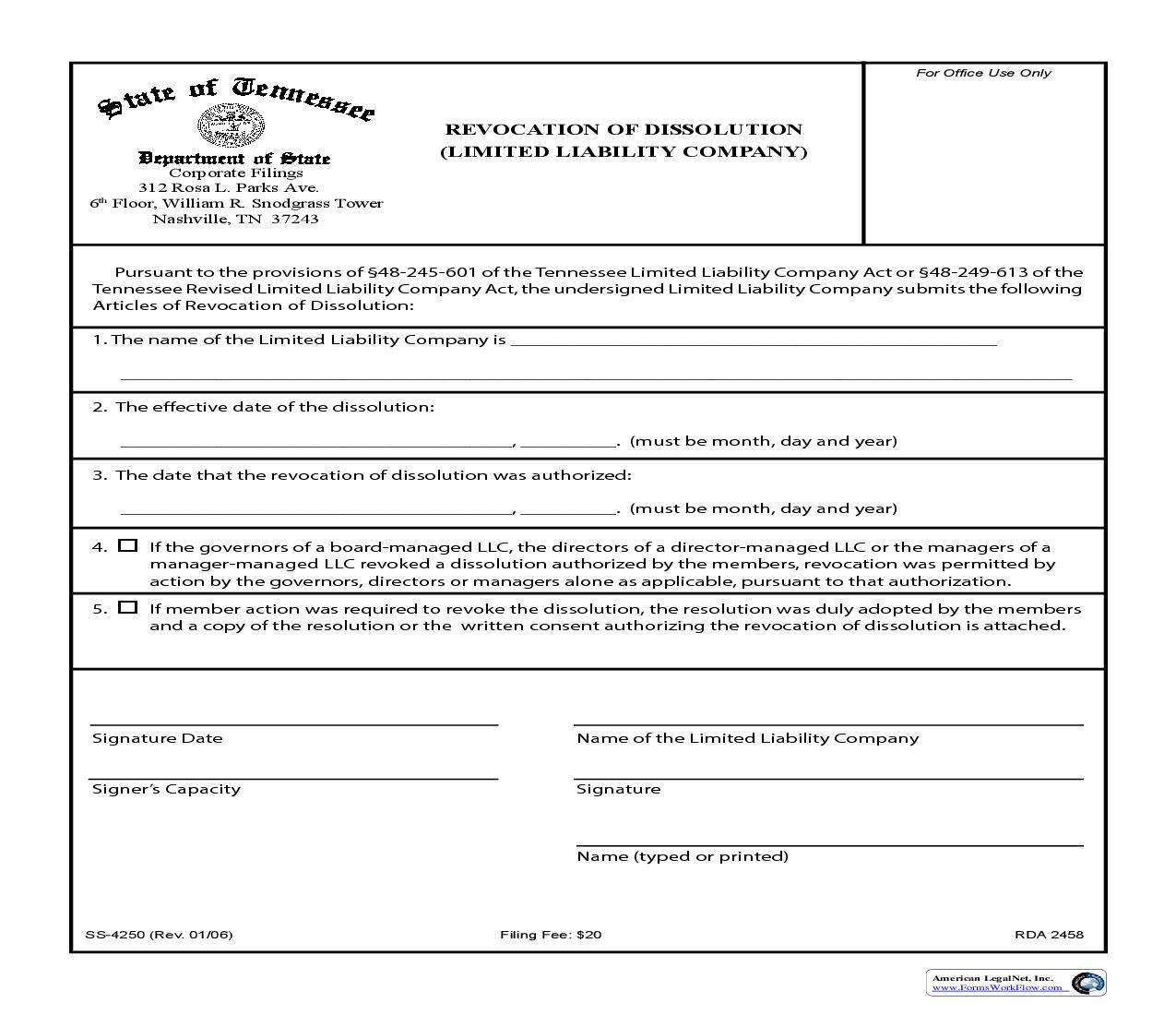 Revocation Of Dissolution {SS-4250} | Pdf Fpdf Doc Docx | Tennessee