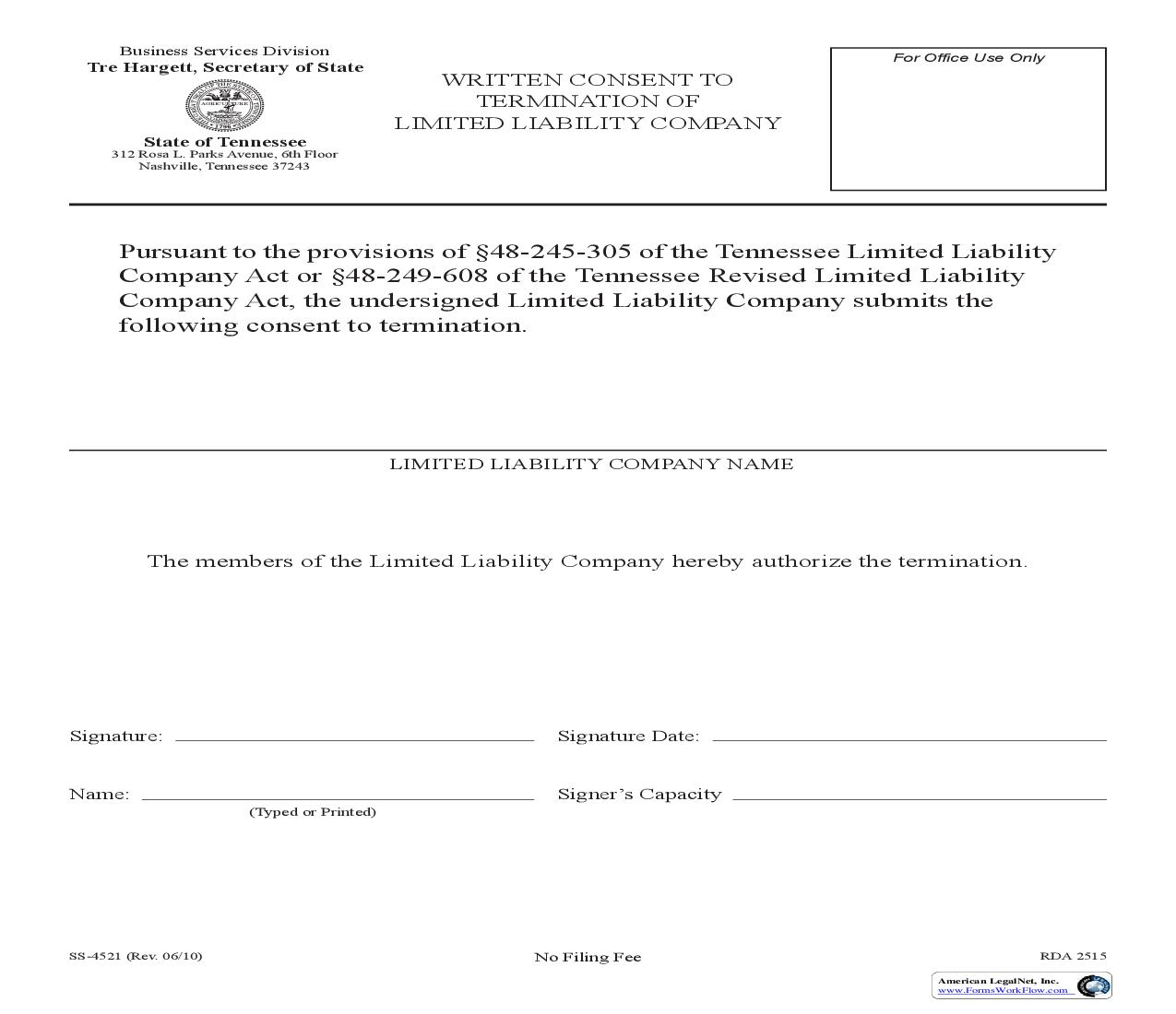 Written Consent To Termination Of LLC{SS-4521} | Pdf Fpdf Doc Docx | Tennessee
