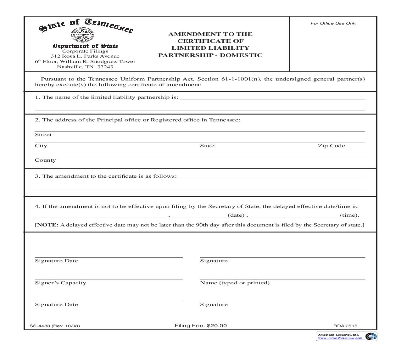 Amendment Of Certificate Of LLP Domestic {SS-4483} | Pdf Fpdf Doc Docx | Tennessee