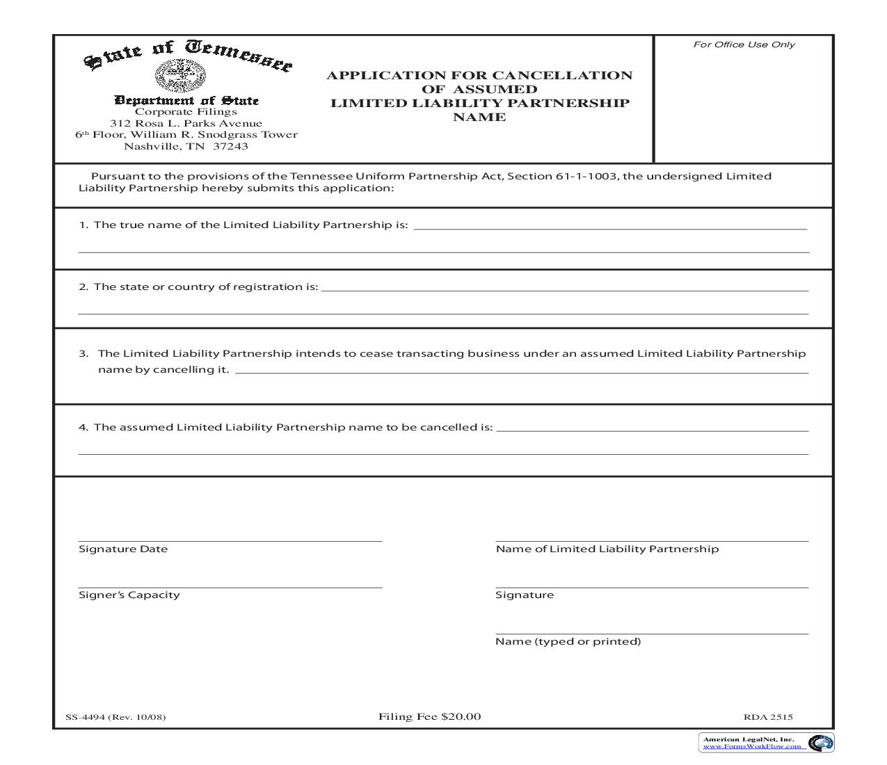 Application For Cancellation Of Assumed LLP Name {SS-4494} | Pdf Fpdf Doc Docx | Tennessee