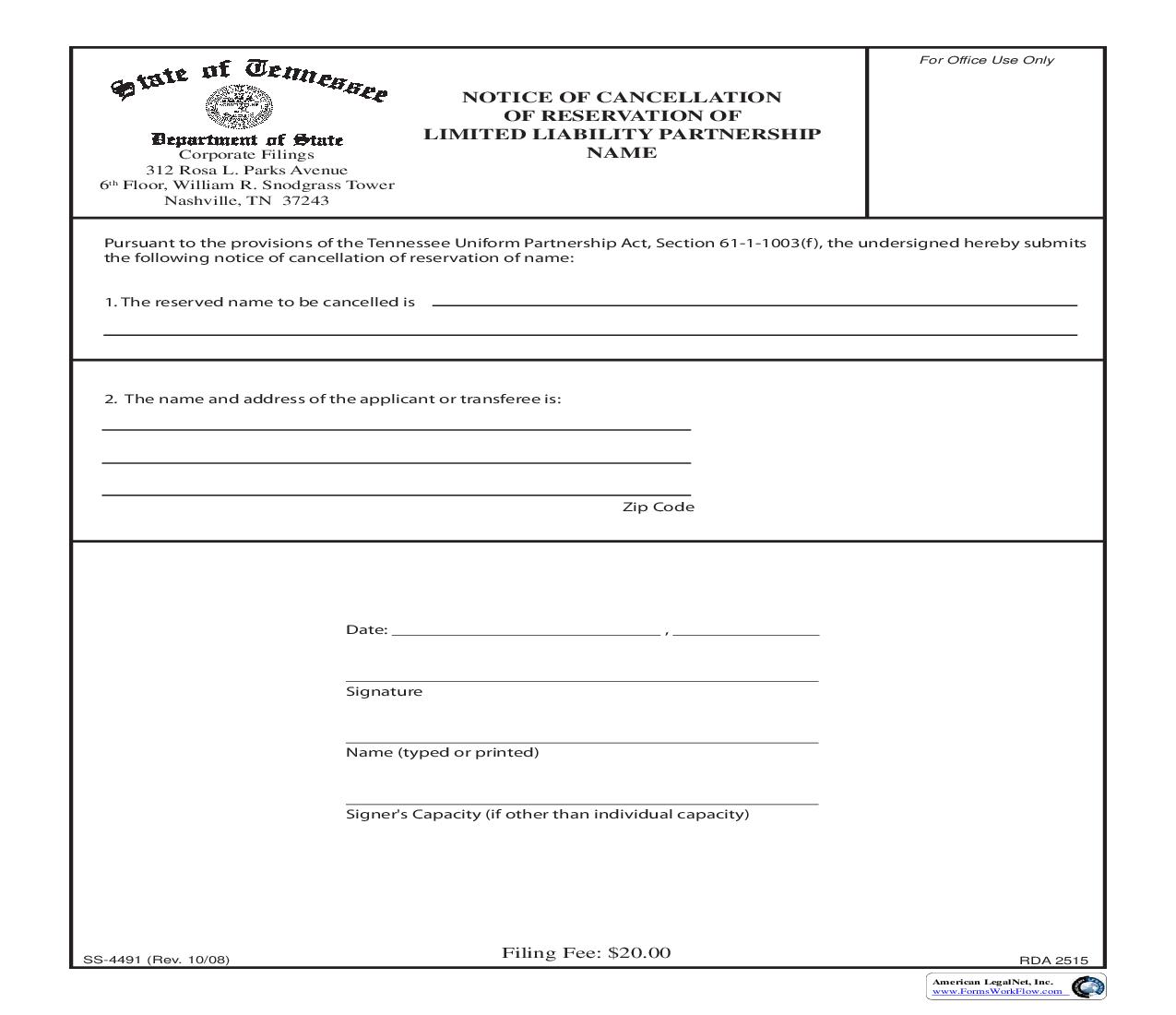 Application For Cancellation Of Reservation Of LLP Name {SS-4491} | Pdf Fpdf Doc Docx | Tennessee