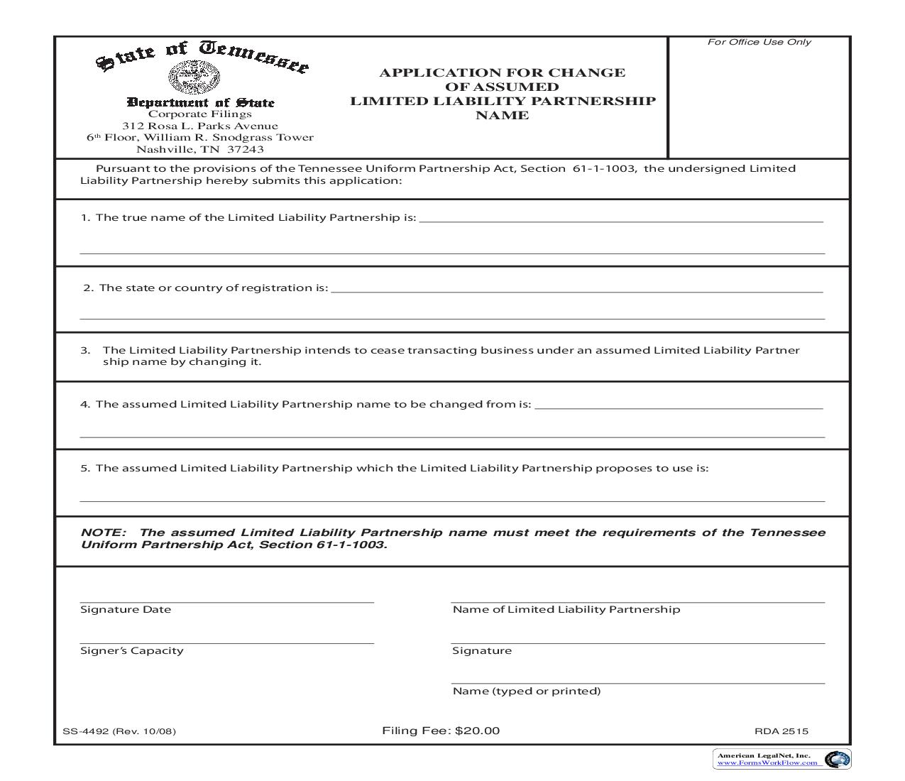 Application For Change Of Assumed LLP Name {SS-4492} | Pdf Fpdf Doc Docx | Tennessee