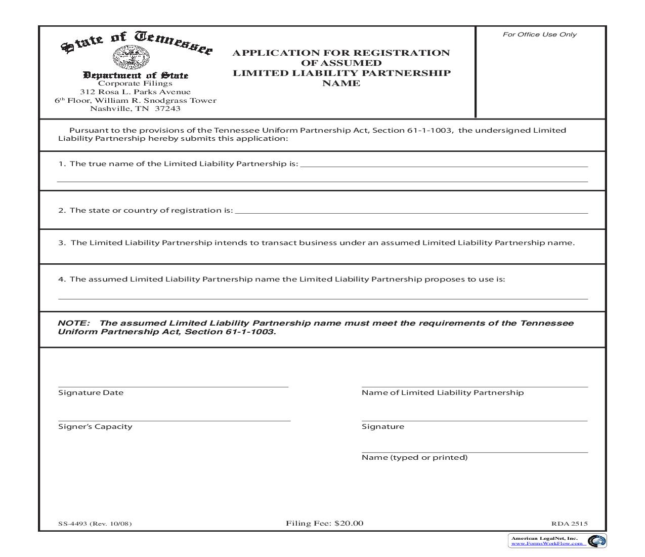 Application For Registration Of Assumed LLP Name {SS-4493} | Pdf Fpdf Doc Docx | Tennessee
