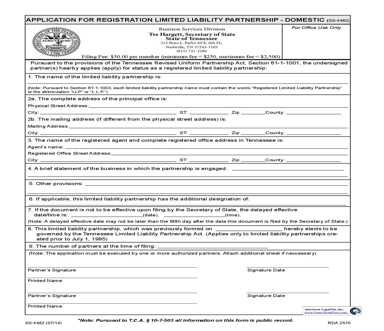 Application For Registration Of LLP Domestic {SS-4482} | Pdf Fpdf Doc Docx | Tennessee