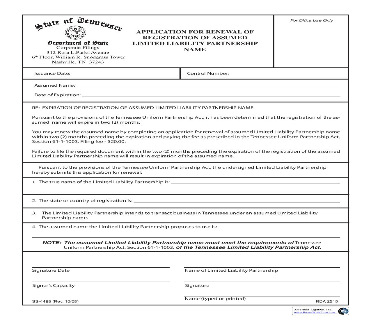 Application For Renewal Of Registration Of Assumed LLP Name {SS-4488} | Pdf Fpdf Doc Docx | Tennessee