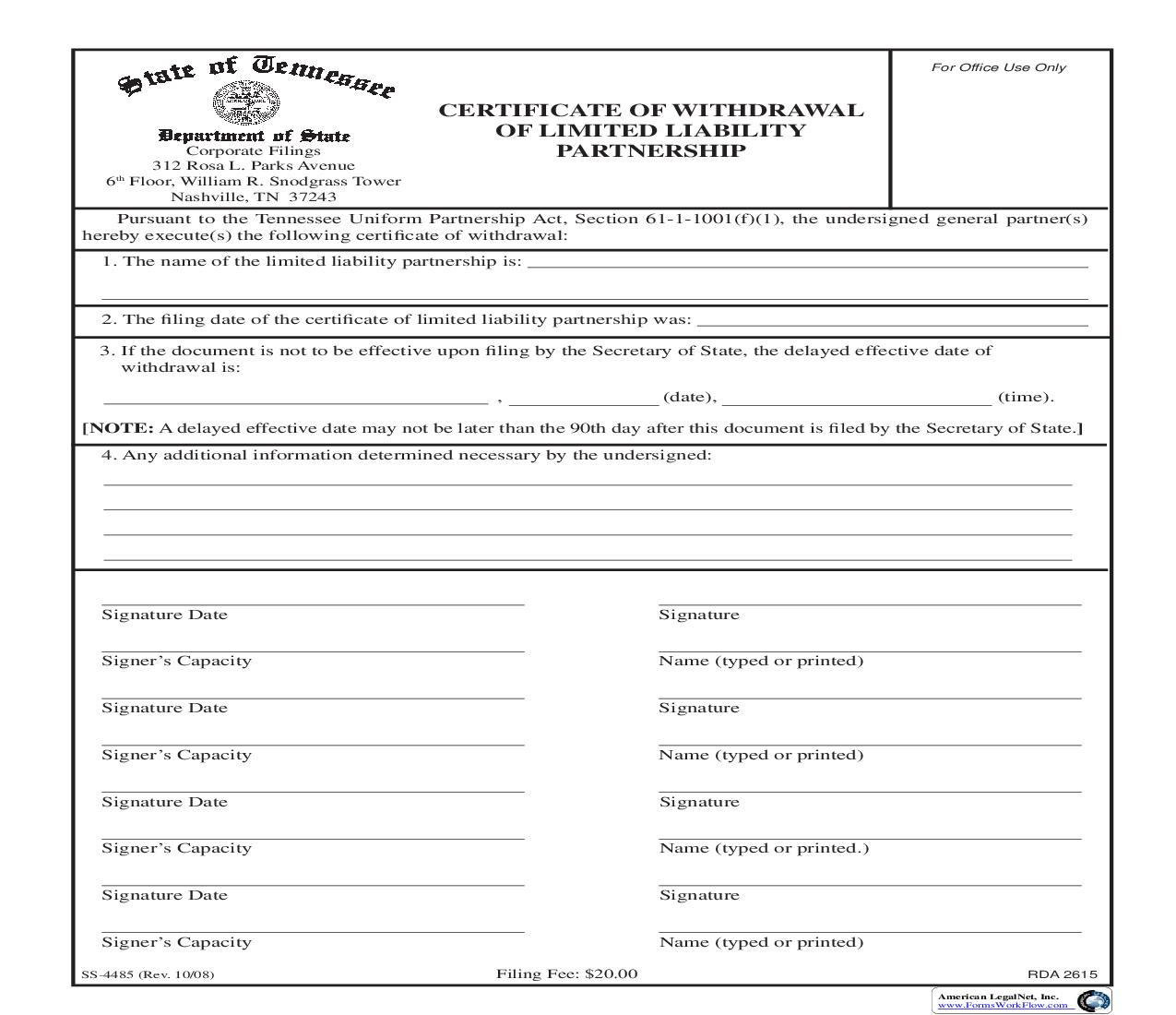 Certificate Of Withdrawal Of LLP {SS-4485} | Pdf Fpdf Doc Docx | Tennessee