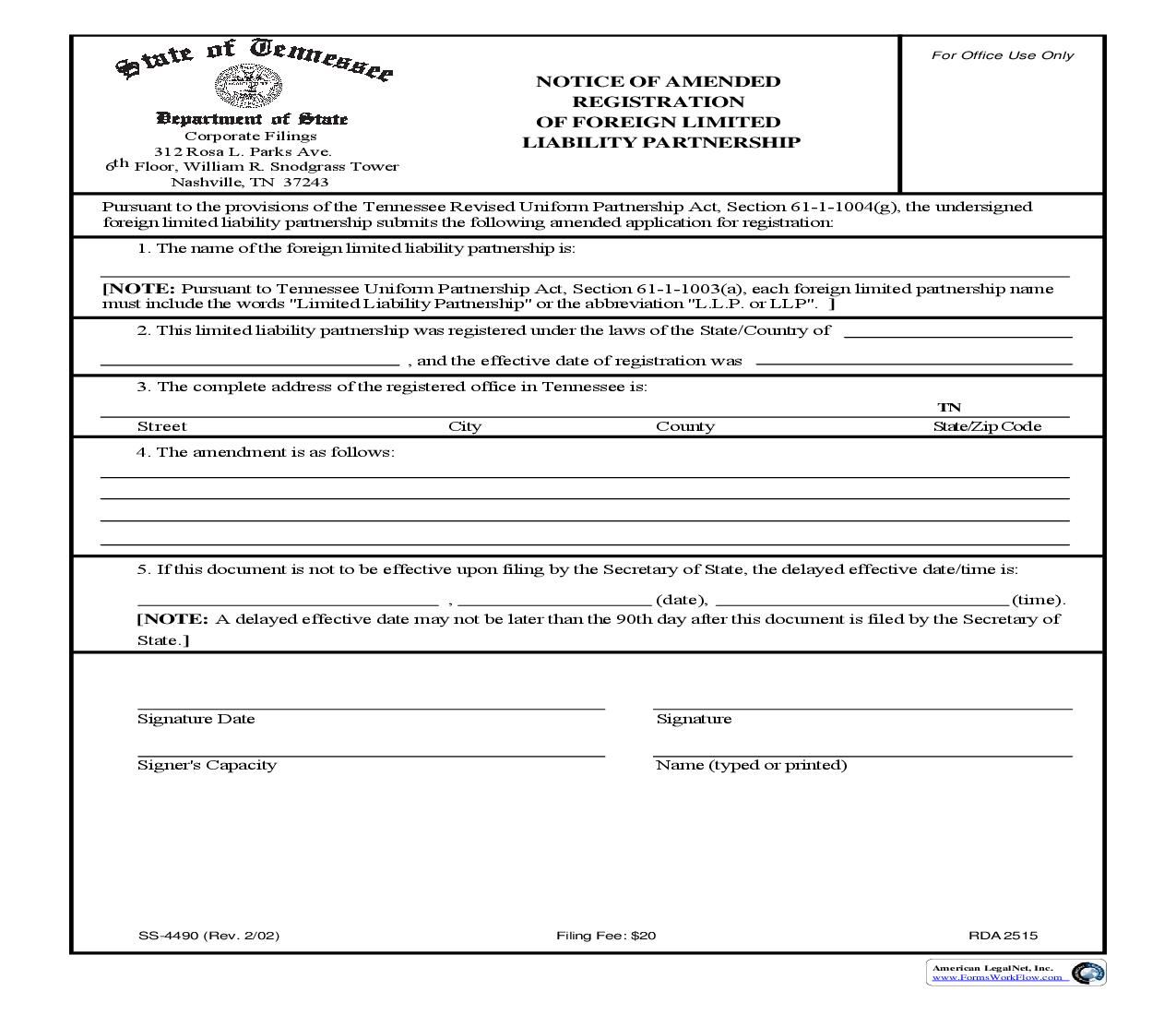Notice Of Amended Registration Of Foreign LLP {SS-4490} | Pdf Fpdf Doc Docx | Tennessee