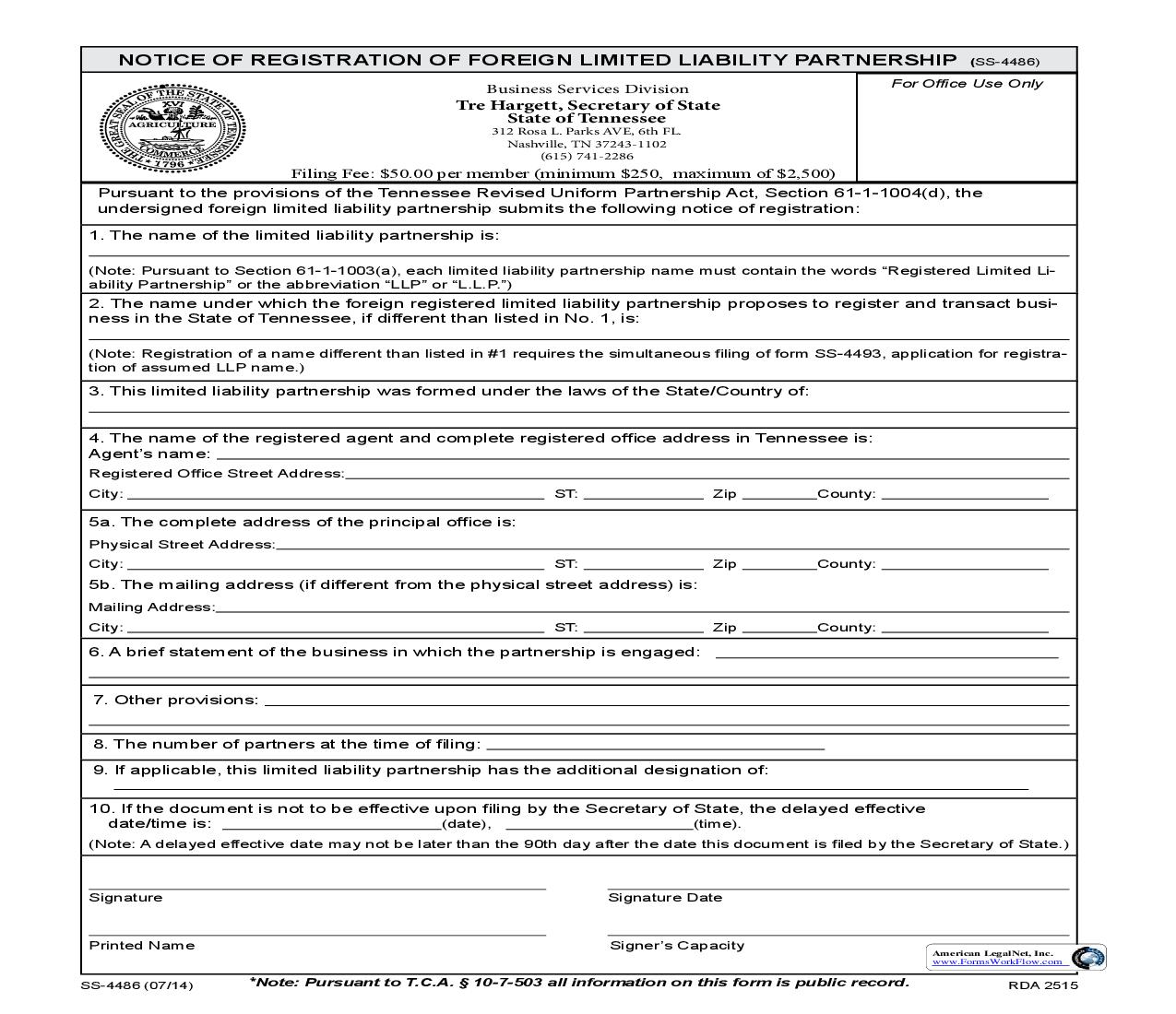 Notice Of Registration Of Foreign LLP {SS-4486} | Pdf Fpdf Doc Docx | Tennessee