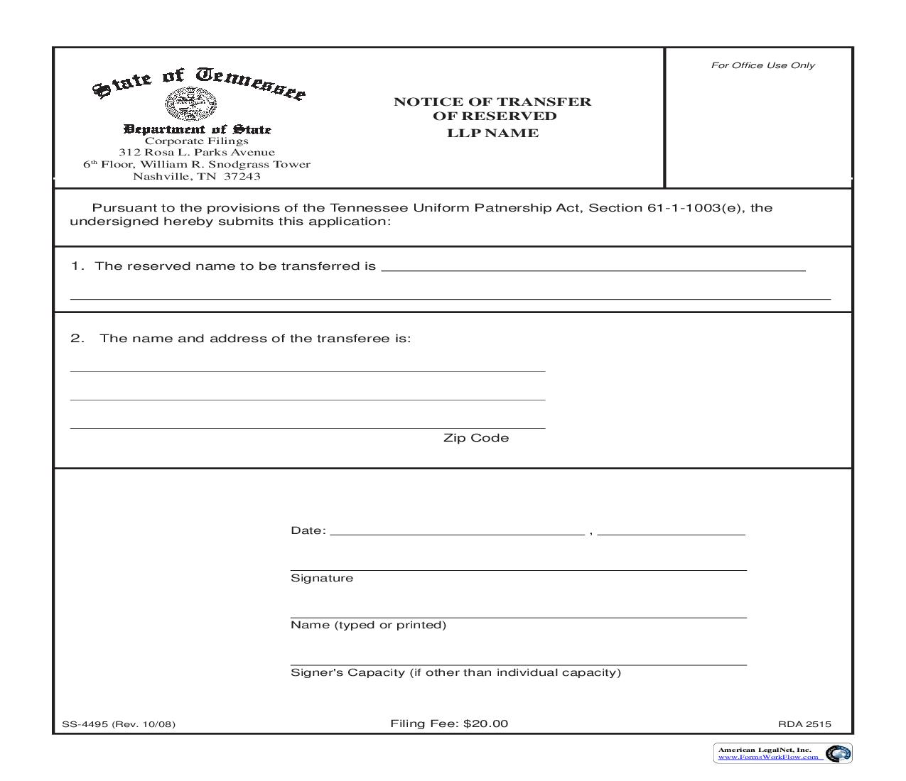 Notice Of Transfer Of Reserved LLP Name {SS-4495} | Pdf Fpdf Doc Docx | Tennessee