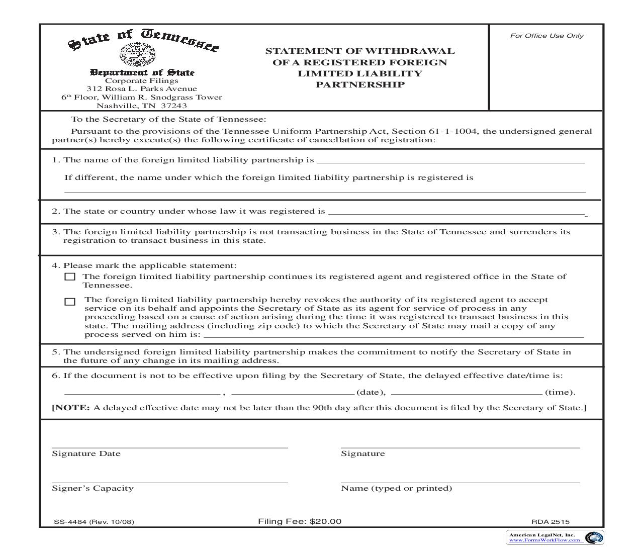 Statement Of Withdrawal Of Registered Foreign LLP {SS-4484} | Pdf Fpdf Doc Docx | Tennessee