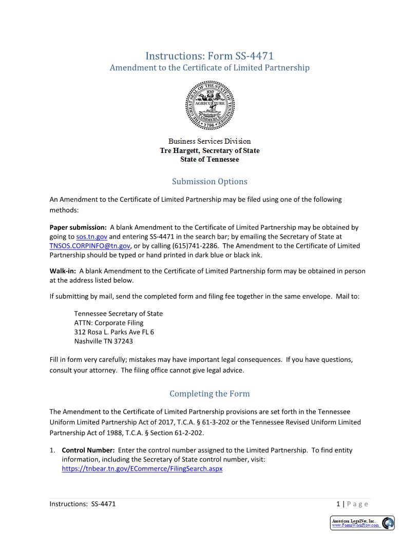 Amendment To Certificate Of LP {SS-4471} | Pdf Fpdf Docx | Tennessee