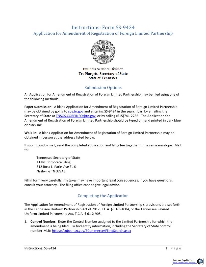 Application For Amendment Of Registration Of Foreign LP {SS-9424} | Pdf Fpdf Docx | Tennessee