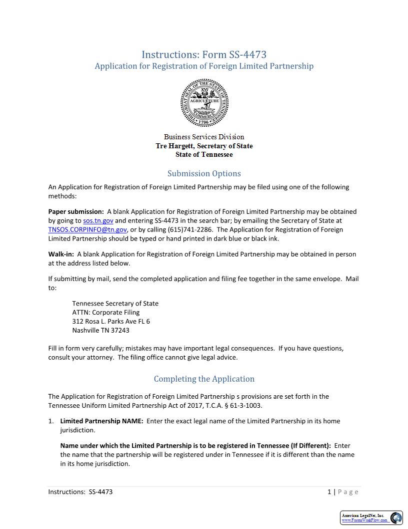 Application For Registration Of Foreign LP {SS-4473} | Pdf Fpdf Docx | Tennessee