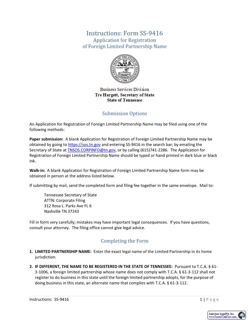 Application For Registration Of Foreign LP Name {SS-9416} | Pdf Fpdf Docx | Tennessee