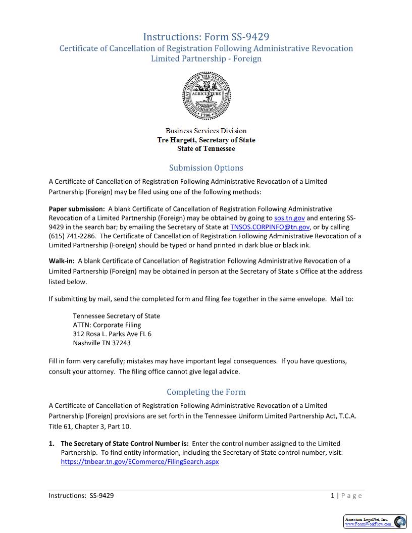 Certificate Of Cancellation Following Administrative Revocation {SS-9429} | Pdf Fpdf Docx | Tennessee